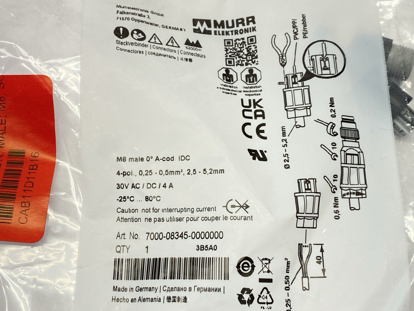 Murr Elektronik 7000-08345-0000000 Connector Male M8 4-Pin A-Code - Maverick Industrial Sales