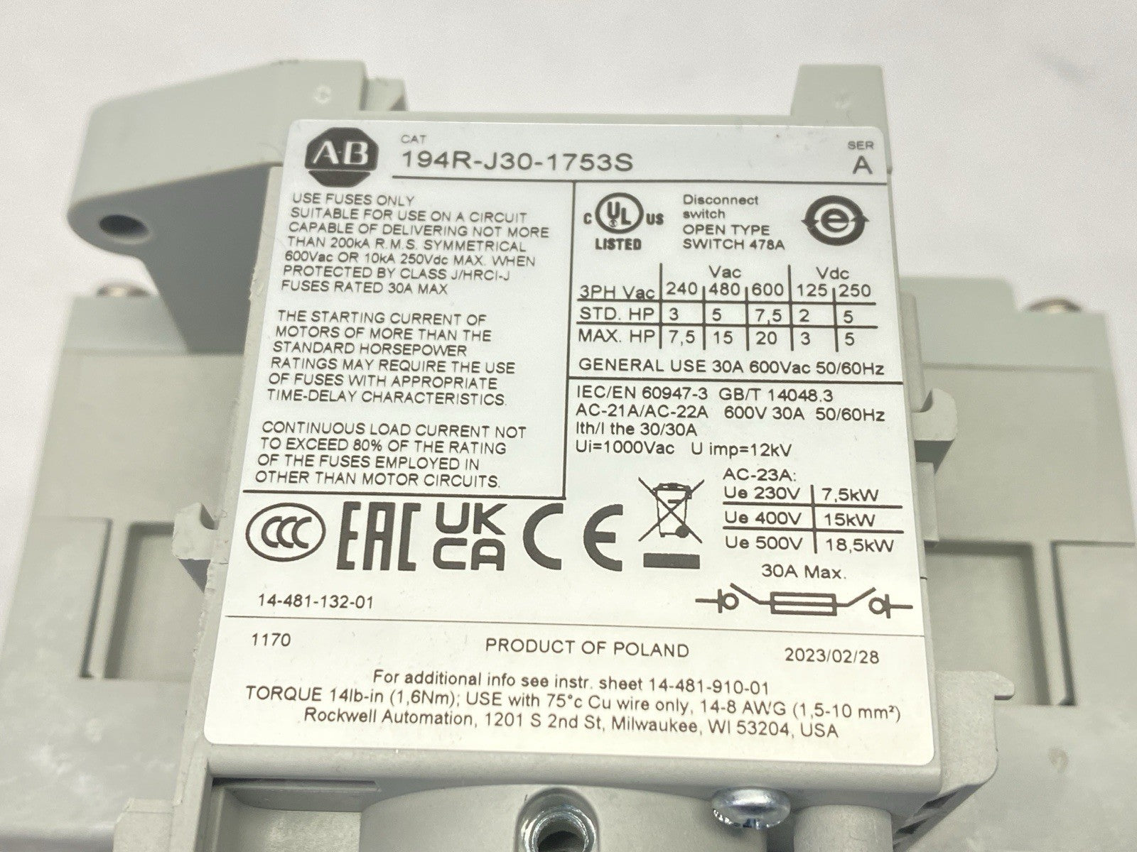 194R-J30-1753S | Allen Bradley Ser A Fusible Disconnect Switch 3-Pole 30A - New – Open box - Maverick Industrial Sales