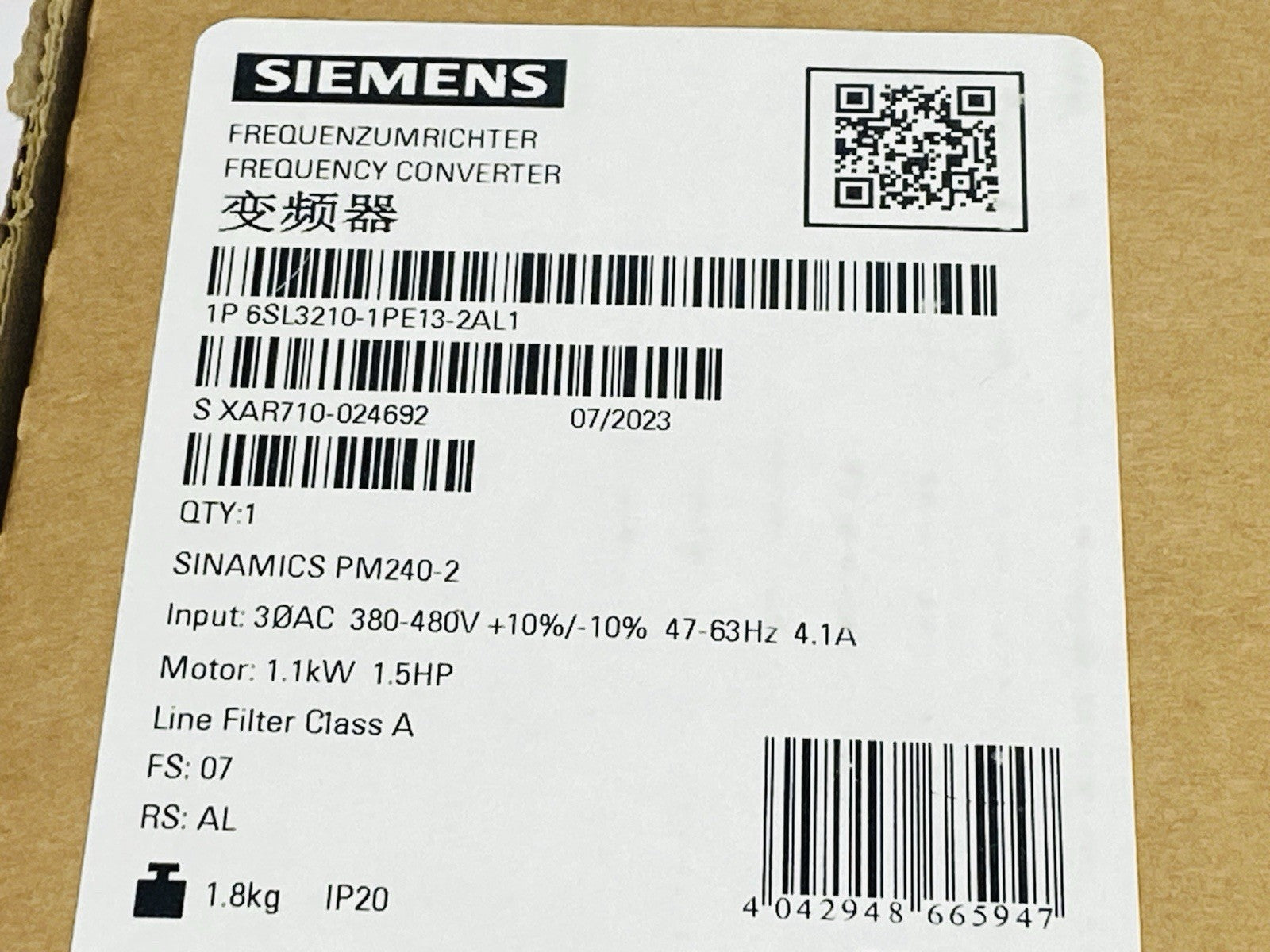 Siemens 6SL3210-1PE13-2AL1 SINAMICS Frequency Converter 1.1kW 1.5HP PM240-2 - Maverick Industrial Sales
