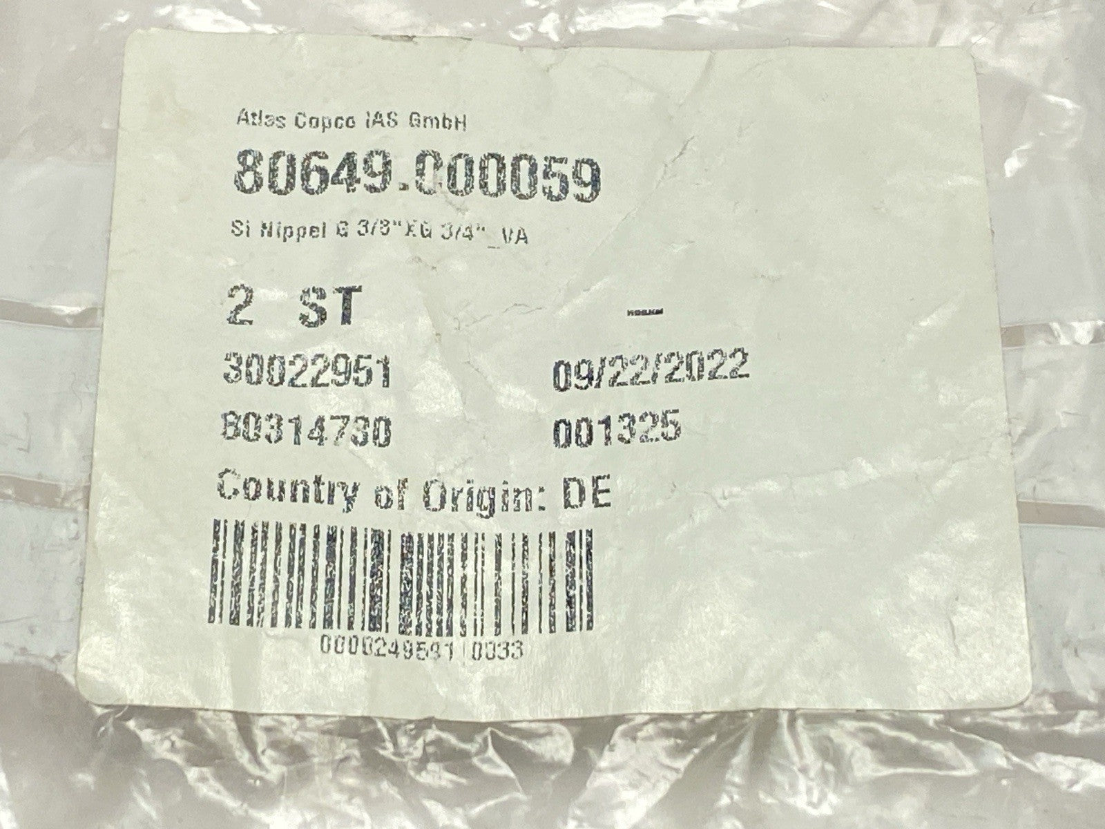 Atlas Copco 80649.000059 Pipe Nipple 3/8" x 3/4" NPT LOT OF 2 - Maverick Industrial Sales