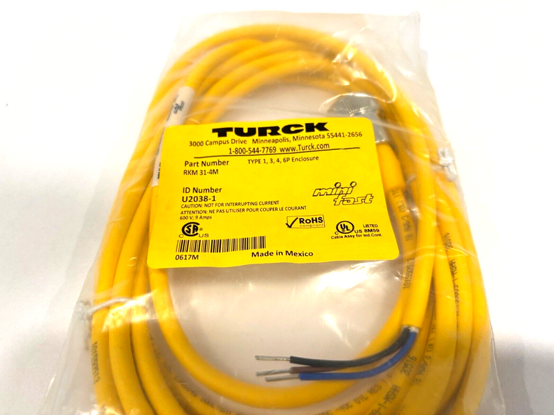 Turck RKM 31-4M Minifast Sensor and Actuator Cable, 7/8" Female, U2038-1, 0617M - Maverick Industrial Sales