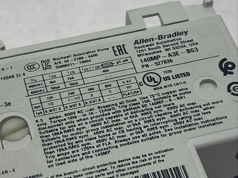 Allen Bradley 140MP-A3E-B63 Ser A Motor Protection Circuit Breaker 4-6.3A 690V - Maverick Industrial Sales