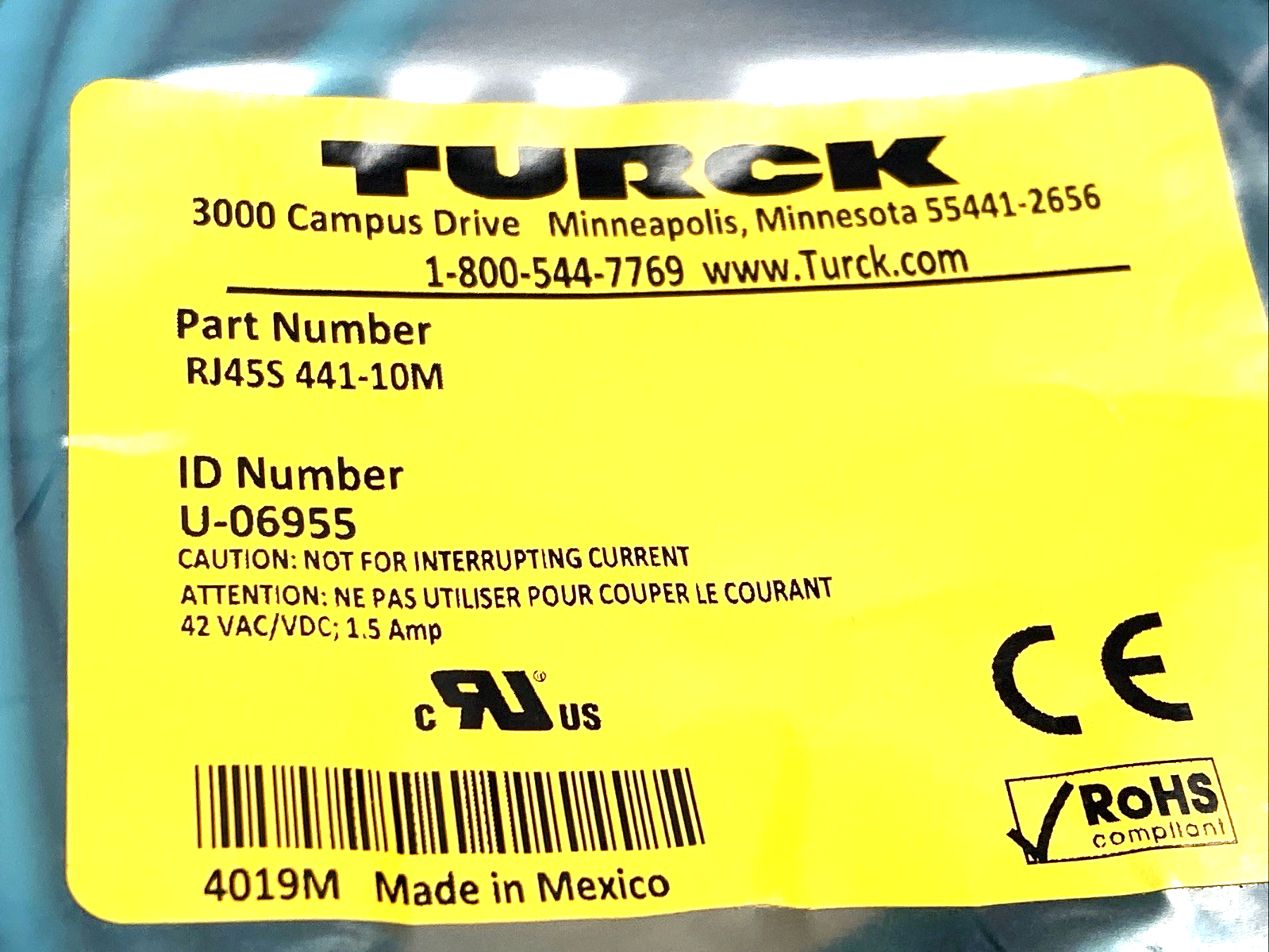 RJ45S 441-10M | Turck Industrial Ethernet Cable Male RJ45 10m U-06955- New - Maverick Industrial Sales