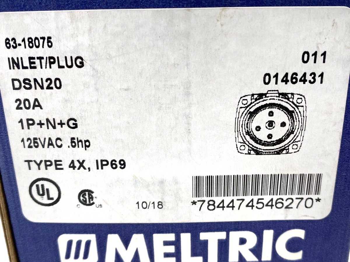 Meltric 63-18075 Male Inlet Plug DSN20 1P+N+G Type 4X & IP69 .75hp 125VAC 20A - Maverick Industrial Sales