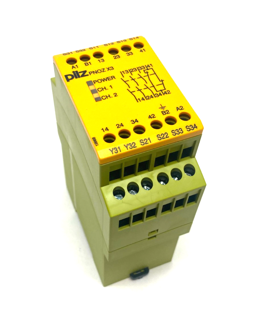 774310 | Pilz Standalone Safety Relay 1/2-Chan PNOZ X3 24VAC 24VDC 3n/o 1n/c 1so - New – Open box - Maverick Industrial Sales