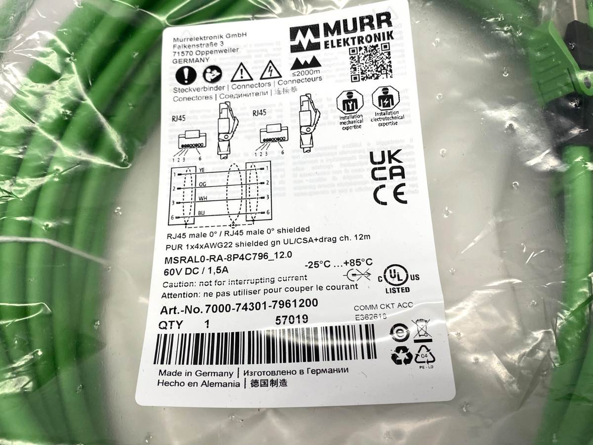 7000-44711-7961700 | Murrelektronik Double End Ethernet Cable M12 RJ45 4-Pole 17m - New - Maverick Industrial Sales