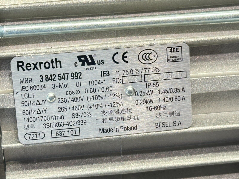 Bosch Rexroth 3842547992 Asynchron Motor 3-PH 230/400V250W50HZ-265/460V290W60HZ - Maverick Industrial Sales