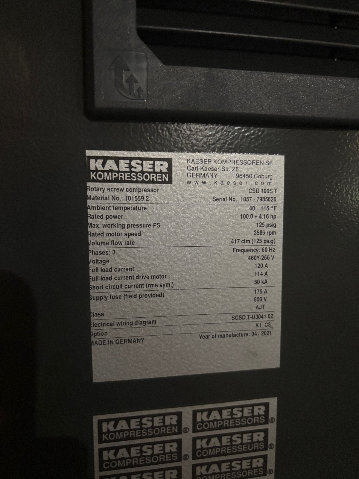 Kaeser CSD100ST Rotary Screw Air Compressor, CSD-100S-T, ABT 125, Fault (2021) - Maverick Industrial Sales