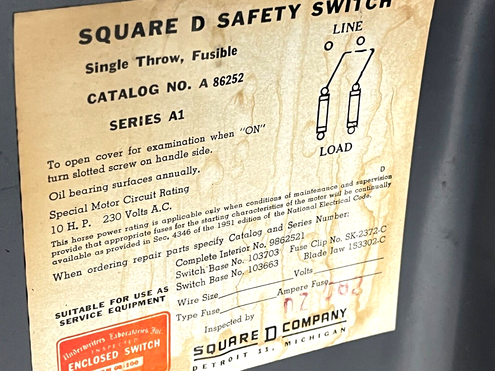 Square D A86252 Series A1 Safety Switch 10HP 60A 250V - Maverick Industrial Sales
