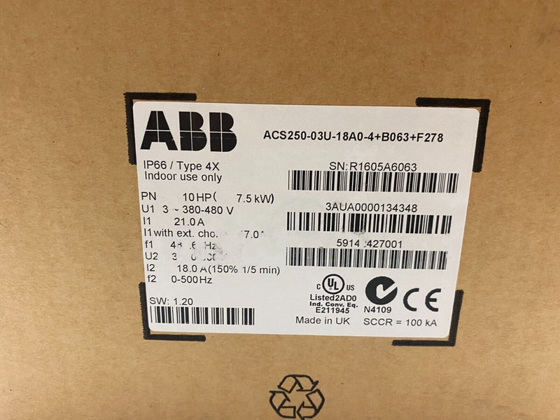 ABB ACS250-03U-18A0-4+B063+F278 Variable Frequency Micro Drive Type 4X IP66 - Maverick Industrial Sales