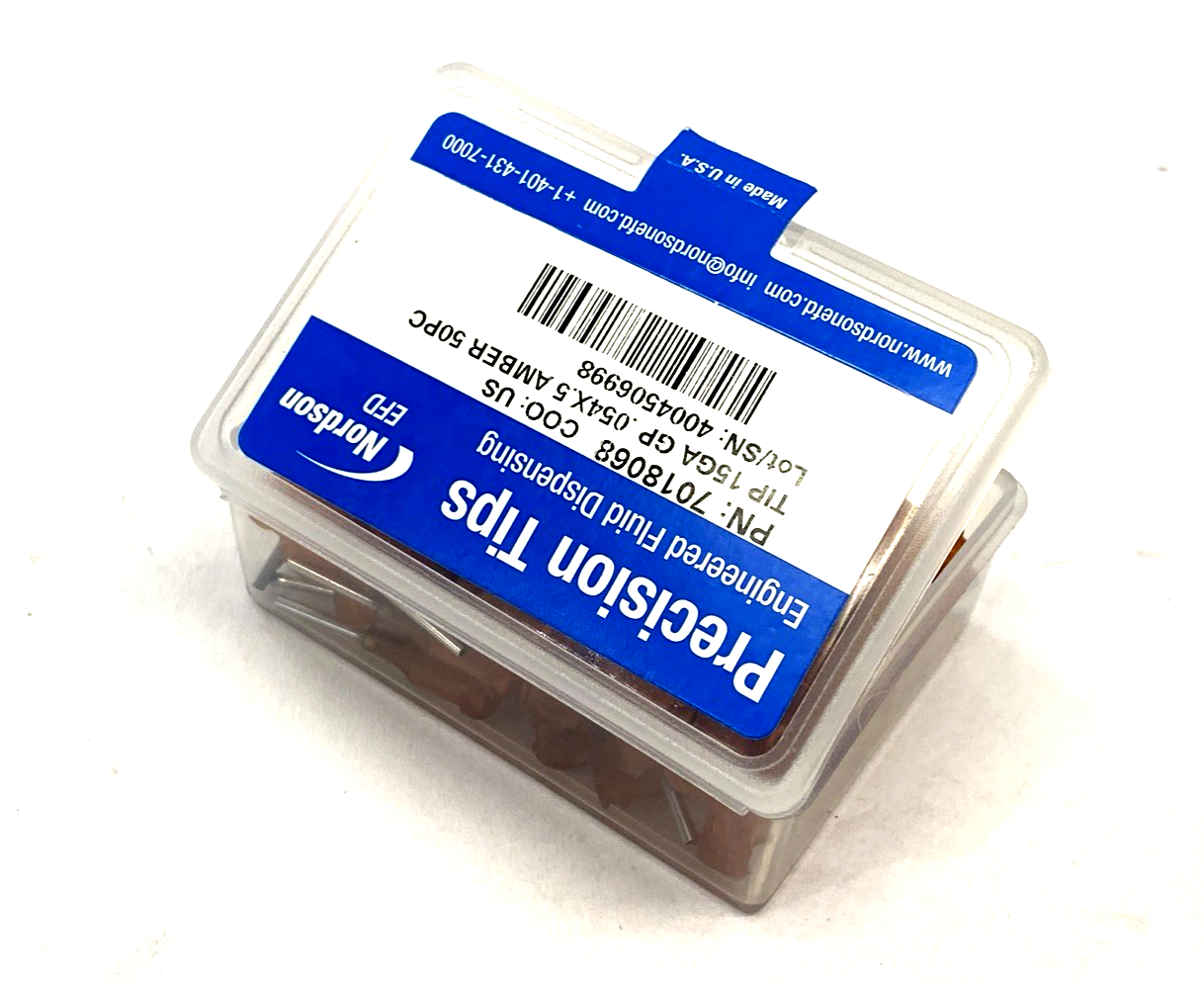 Nordson EFD 7018068 Precision Dispense Tip 15GA GP 0.054" x 0.5" Amber 50-PACK - Maverick Industrial Sales