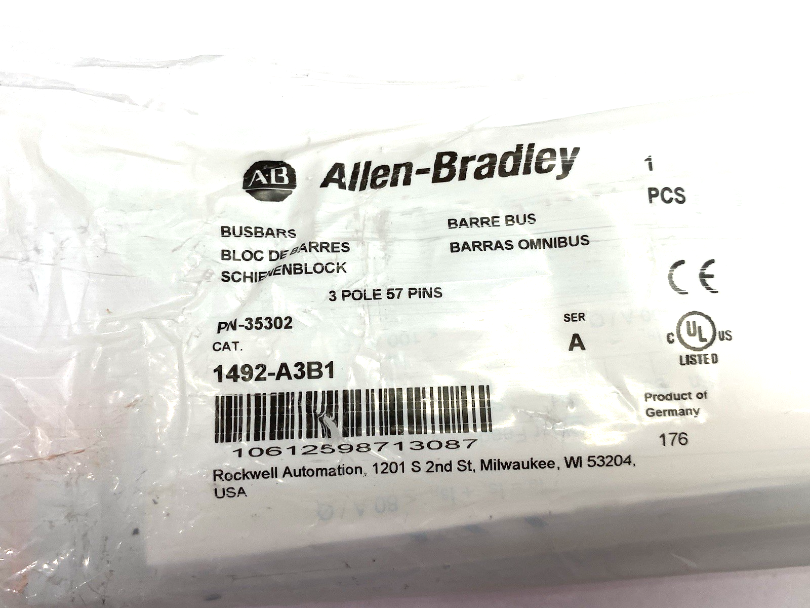 1492-A3B1 | Allen Bradley Ser. A Busbar 3-Pole, 57-Pins, 3-Phase 100A - New - Maverick Industrial Sales