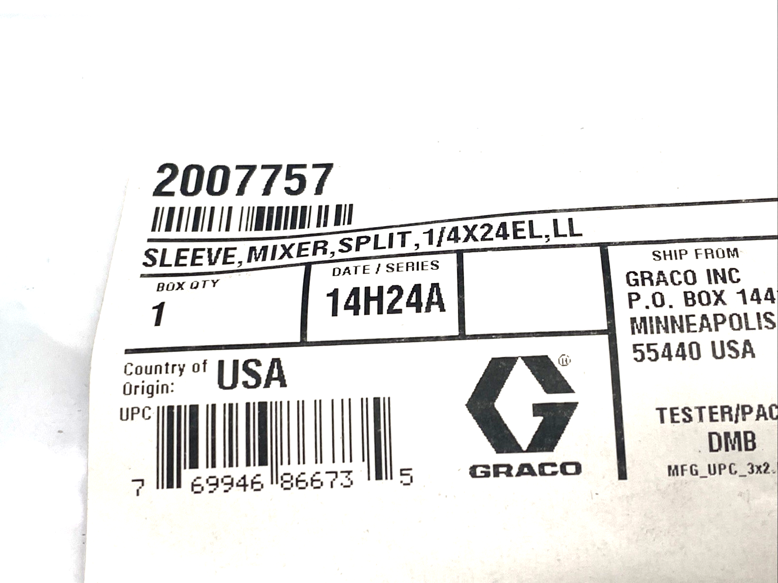 Graco 2007757 Split Sleeve For Mixer 2001967 Element 1/4X24EL, LL, 14H24A - New – Open box - Maverick Industrial Sales