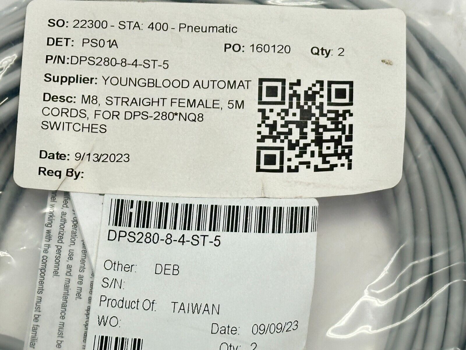 Numatics DPS280-8-4-ST-5 Sensor Cable Female M8 4-Pin 5m LOT OF 2 - Maverick Industrial Sales