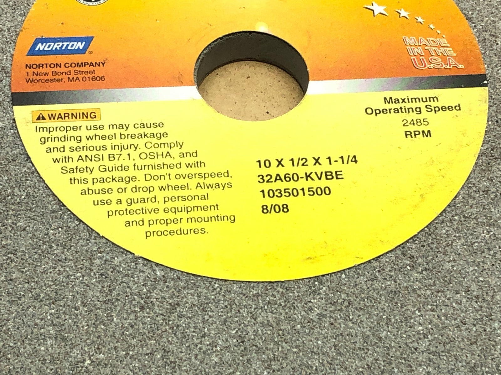 Norton 32A60-KVBE Grinding Wheel 1-1/4" Bore 2485 RPM - Maverick Industrial Sales
