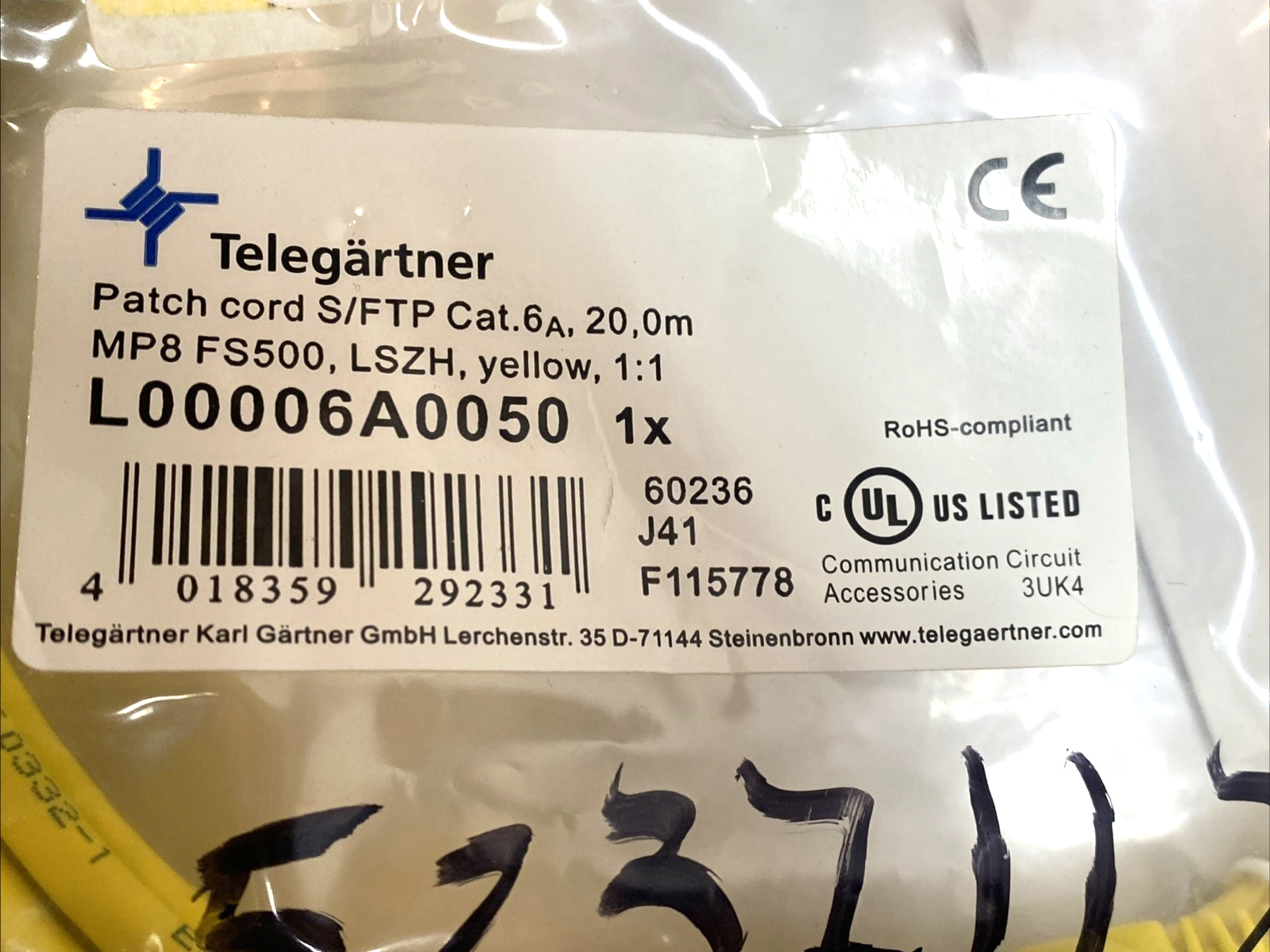 L00006A0050 | Telegärtner Cat6A S/FTP RJ45 Patch Cable 20 m Yellow LSZH 100009131 - New - Maverick Industrial Sales