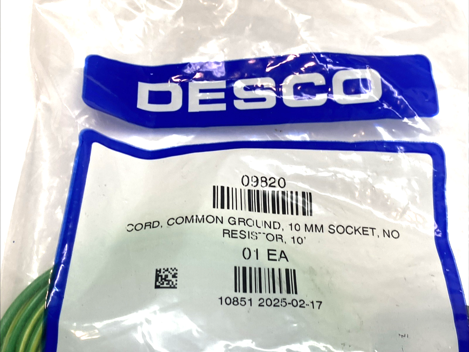 09820 | Desco Common Point Ground Cord 10mm Socket No Resistor 10' - New - Maverick Industrial Sales
