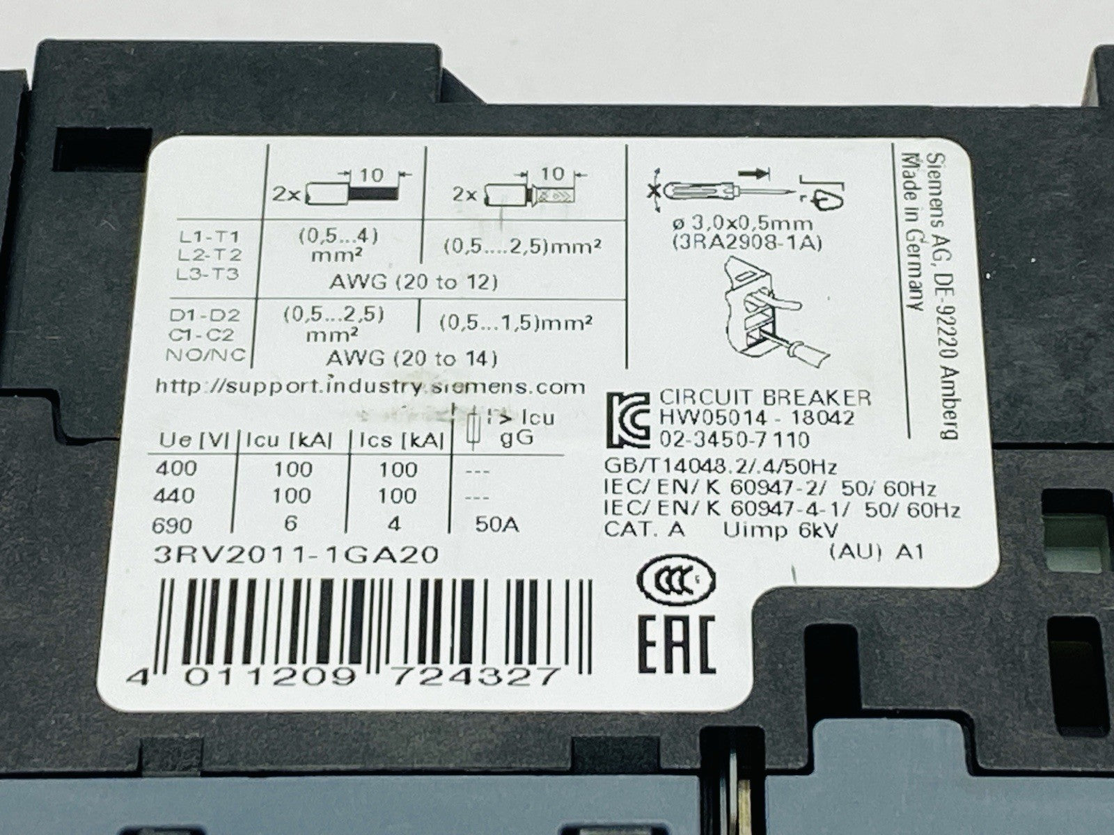 Siemens 3RV2011-1GA20 SIRIUS Motor Protector Circuit Breaker 4.5-6.3A - Maverick Industrial Sales