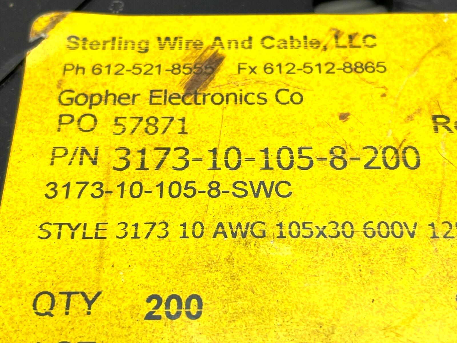 Gopher Electronics 3173-10-105-8-200 Bulk Cable 10AWG 600V 200ft Length - Maverick Industrial Sales