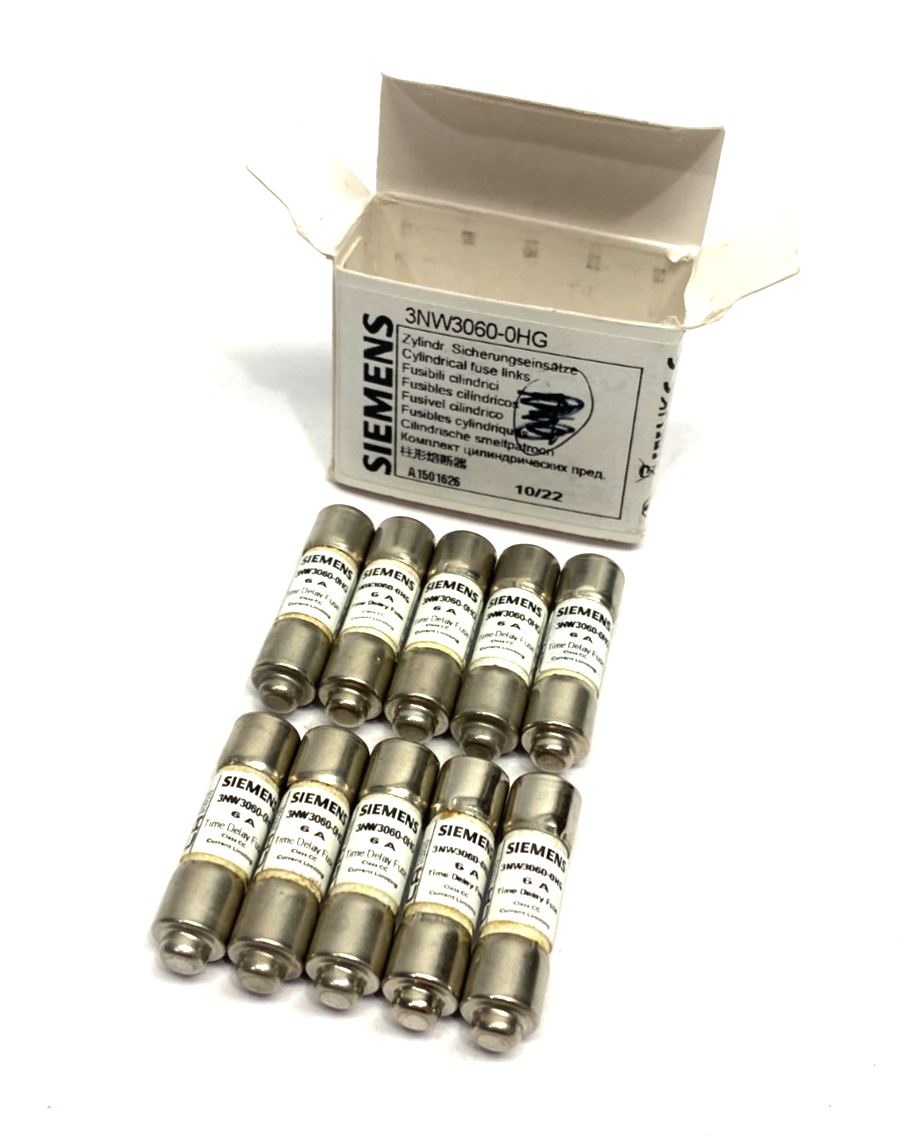 3NW3060-0HG | Siemens SENTRON Cylindrical Fuse, Slow-Blow, 6A, BOX OF 10- New – Open box - Maverick Industrial Sales