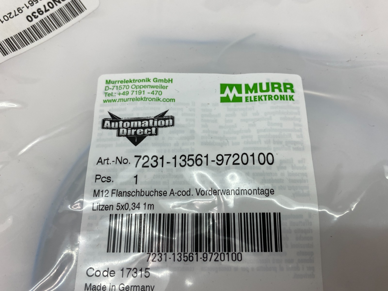 7231-13561-9720100 | Murrelektronik Bulkhead Pigtail Connector M12 A-coded - New - Maverick Industrial Sales
