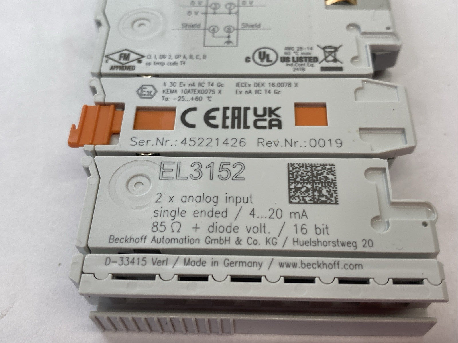 EL3152 | Beckhoff EtherCAT 2‑Channel Analog Input Terminal, 16-bit, 4-20mA - Used - Maverick Industrial Sales
