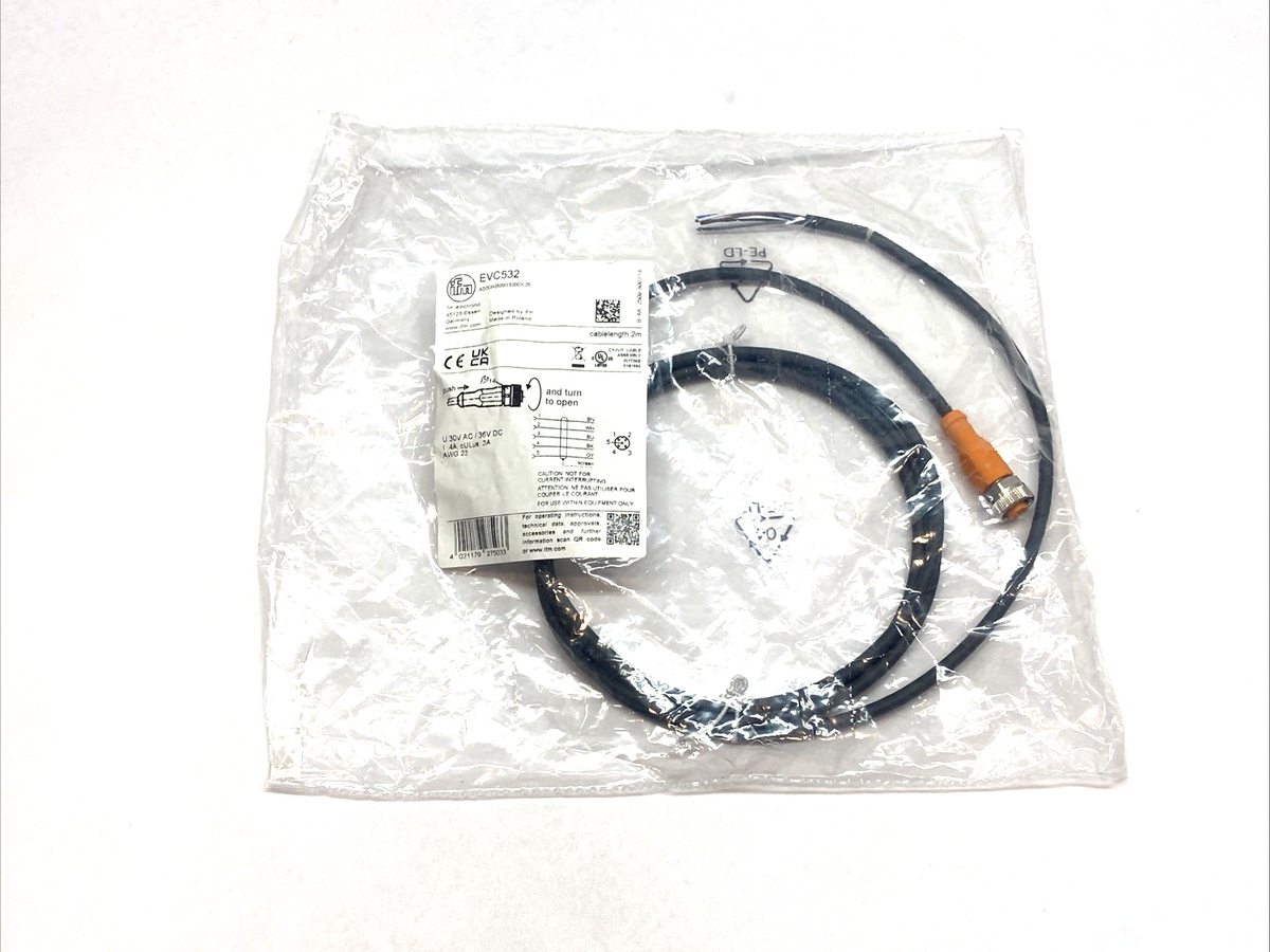 EVC532 | IFM Shielded Cable 5-Pin Female 2m 30VAC 36VDC 4A/3A - New - Maverick Industrial Sales