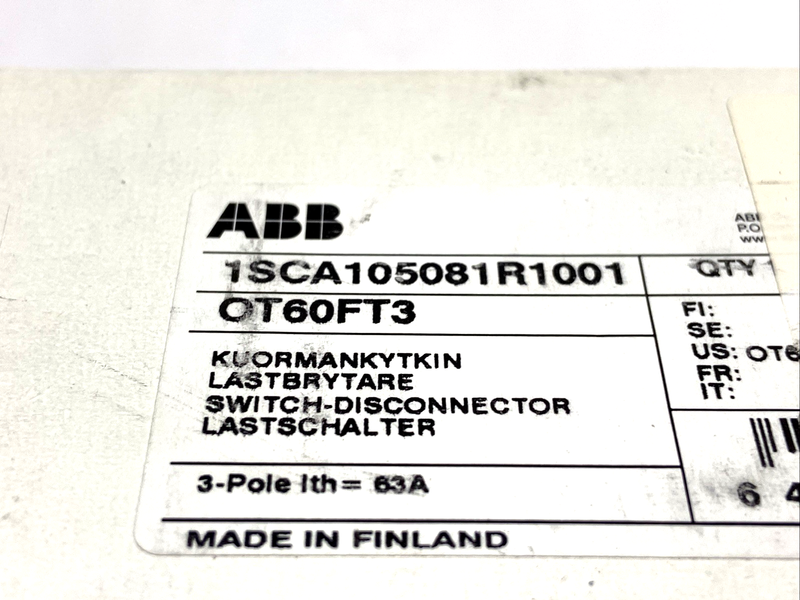 ABB OT60FT3 Non-Fused Disconnect Switch 60A 3 Poles 600VAC 1SCA105081R1001 - Maverick Industrial Sales