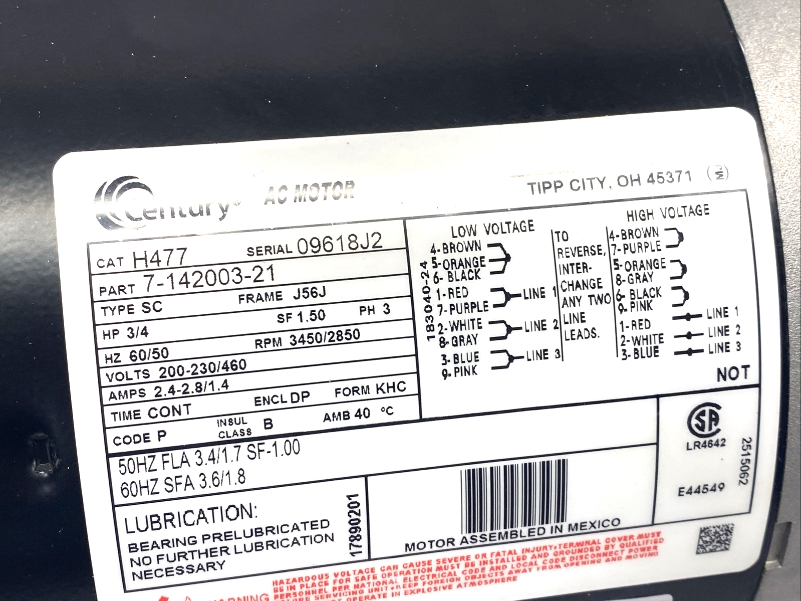 H477 | Century Motor 3PH 3/4HP J56J 200-230/460V 7-142003-21 - New – Open box - Maverick Industrial Sales
