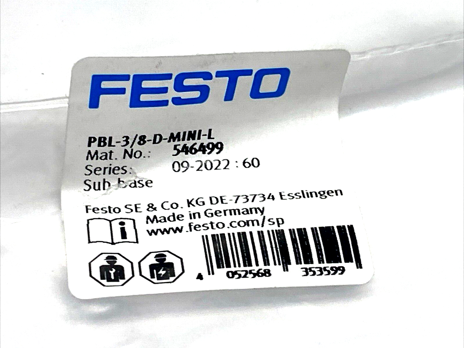 Festo PBL-3/8-D-MINI-L Sub-Base, Series D Service Units G3/8" 546499 NO O-RING - Maverick Industrial Sales