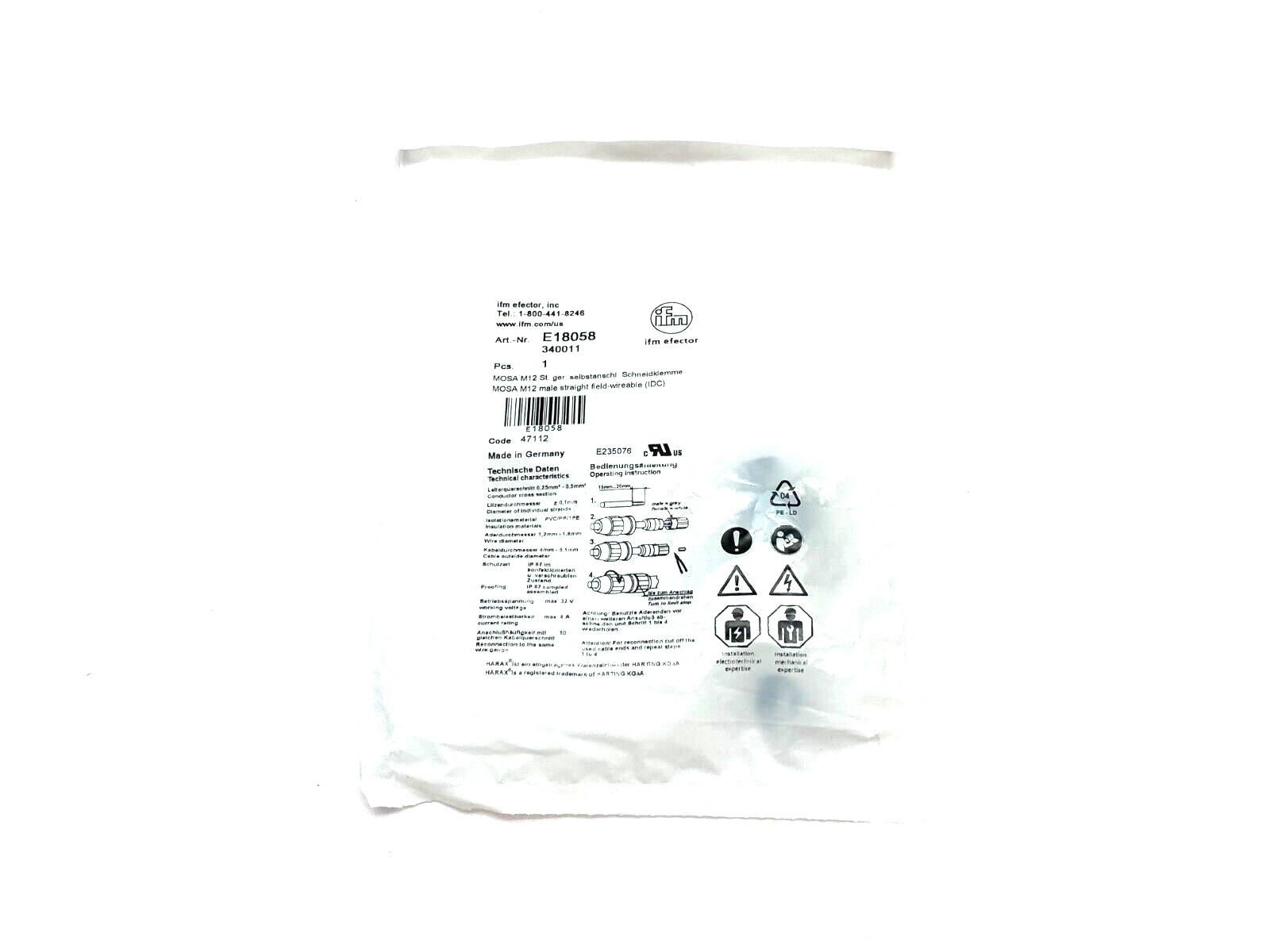 Ifm Efector E18058 Straight M12 Male Field Wireable Connector 4-Pin 340011 - Maverick Industrial Sales