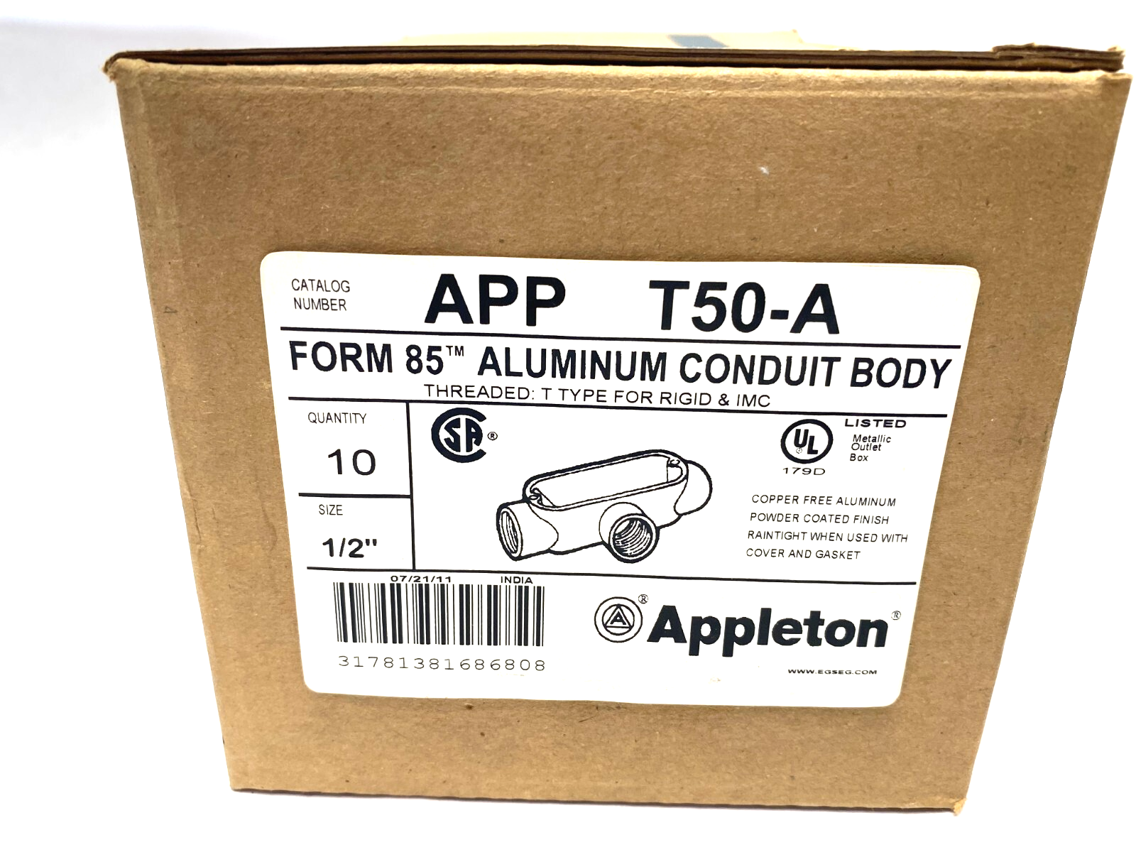 EGS Appleton APP T50-A Form 85 Aluminum Conduit Body 1/2" BOX OF 10 - Maverick Industrial Sales