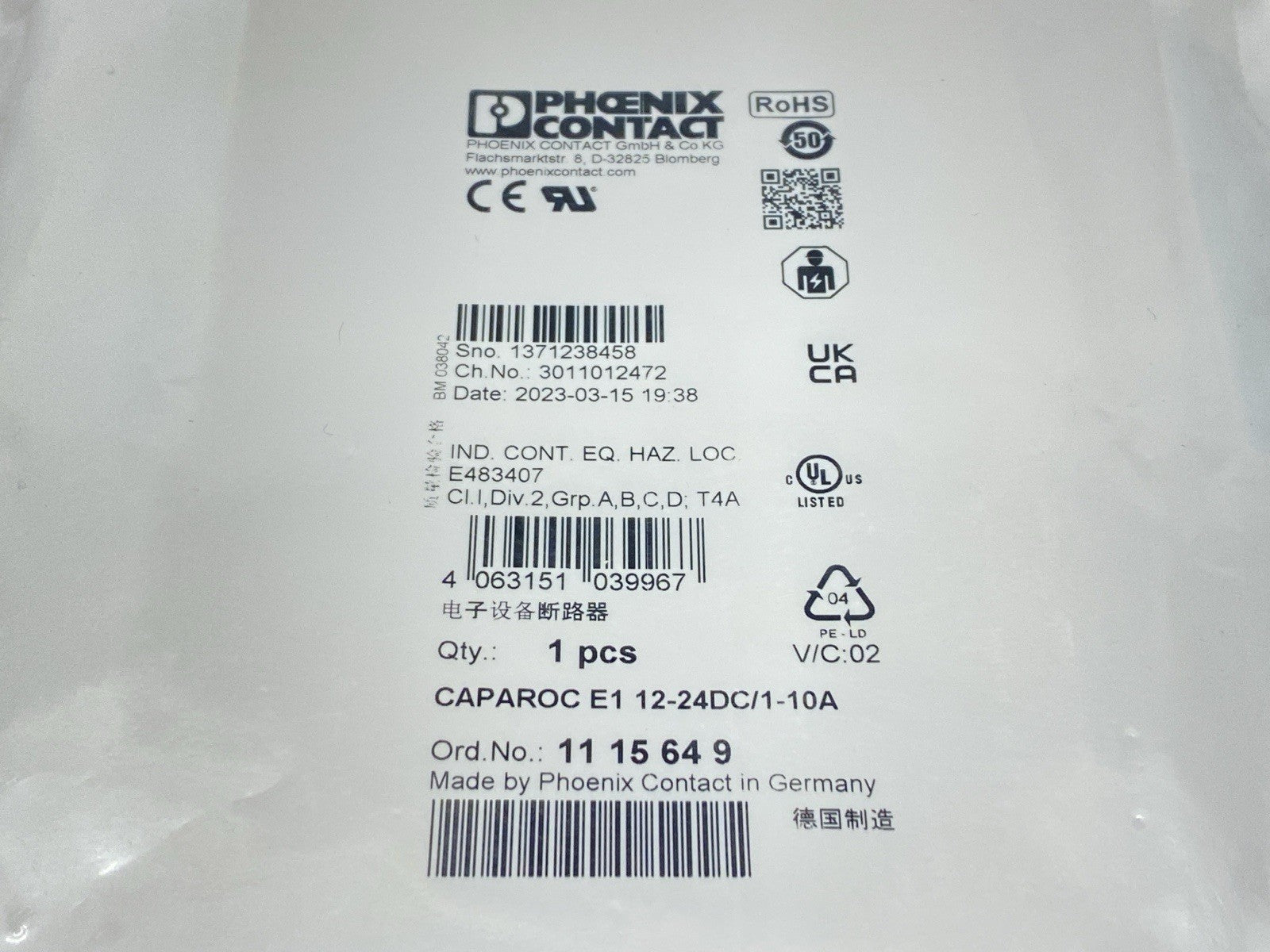 CAPAROC E1 12-24DC/1-10A | Phoenix Contact Electronic Circuit Breaker 1115649 - New - Maverick Industrial Sales