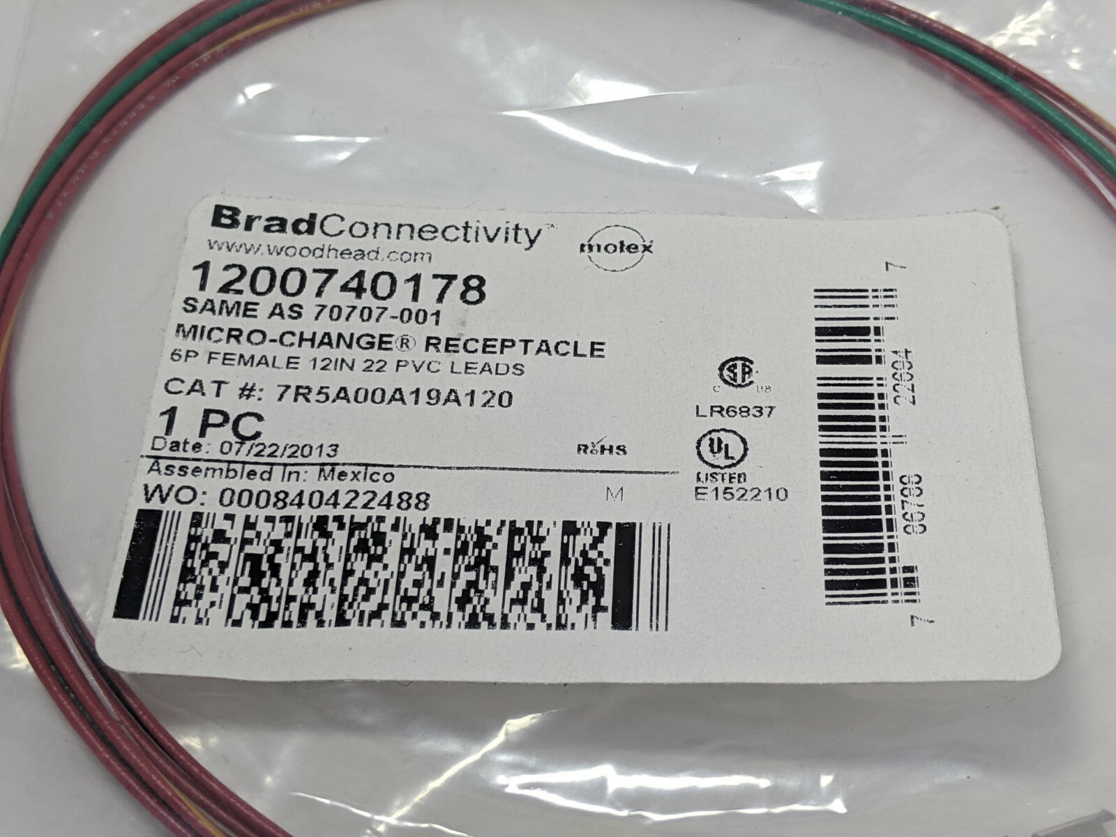1200740178 | Molex Micro Change Receptacle 6P Female, 12” 22 PVC Leads 70707-001 - New - Maverick Industrial Sales
