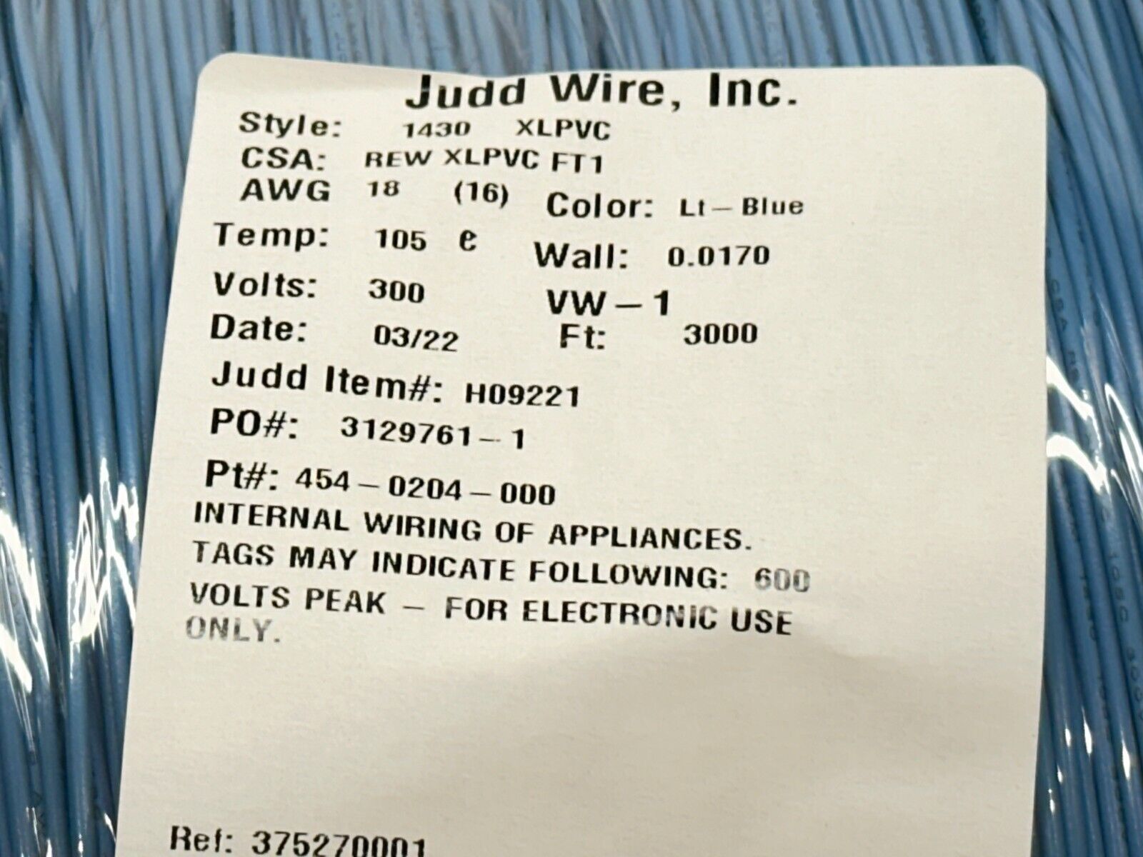 Judd Wire 454-0204-000 18AWG 16/30 .017 XLPVC H09221 3000ft Spool - Maverick Industrial Sales