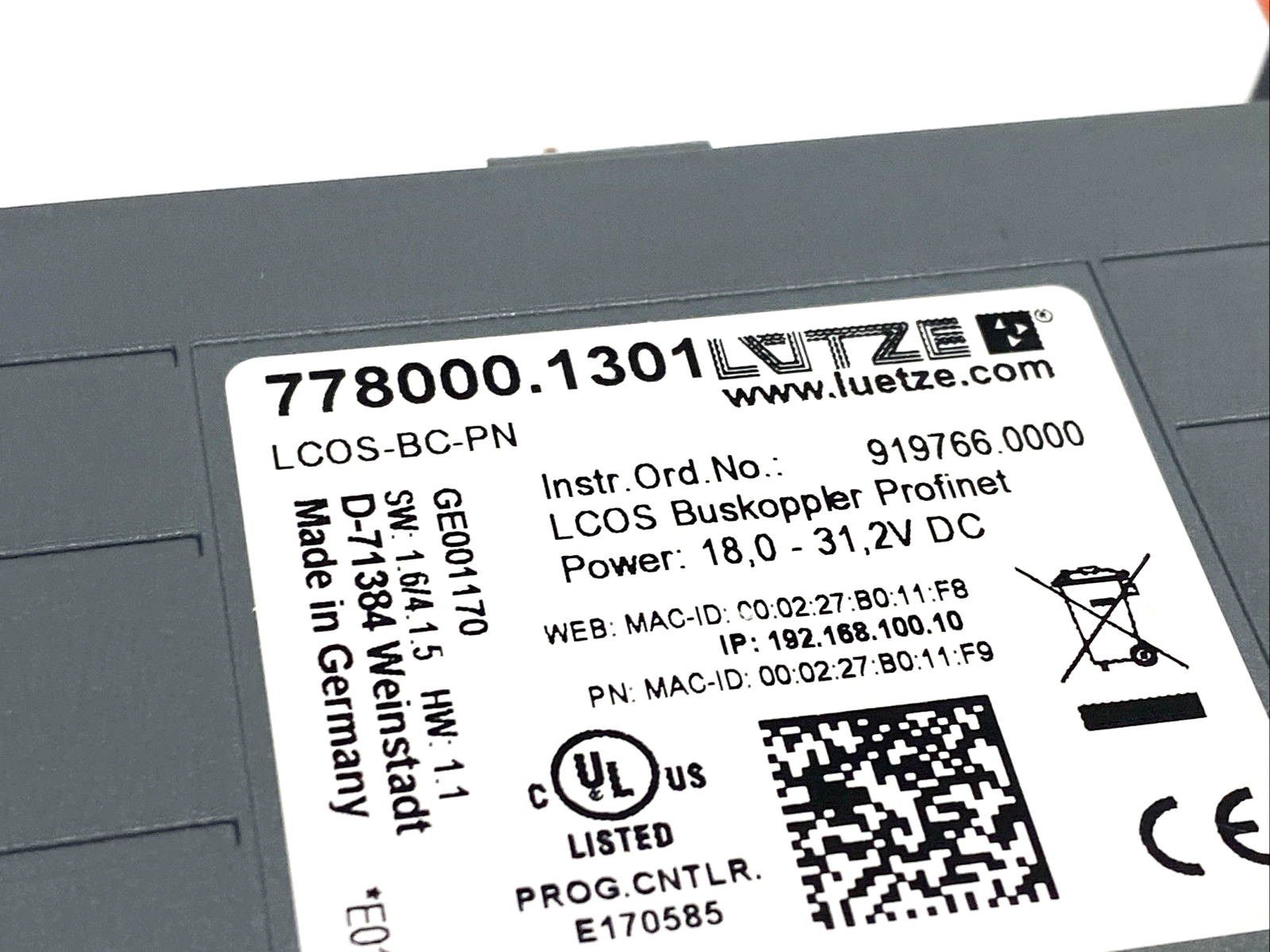 LCOS-BC-PN | Lutze 778000.1301 PROFINET Gateway/Bus Coupler For LOCC-Box-Net, - New – Open box - Maverick Industrial Sales