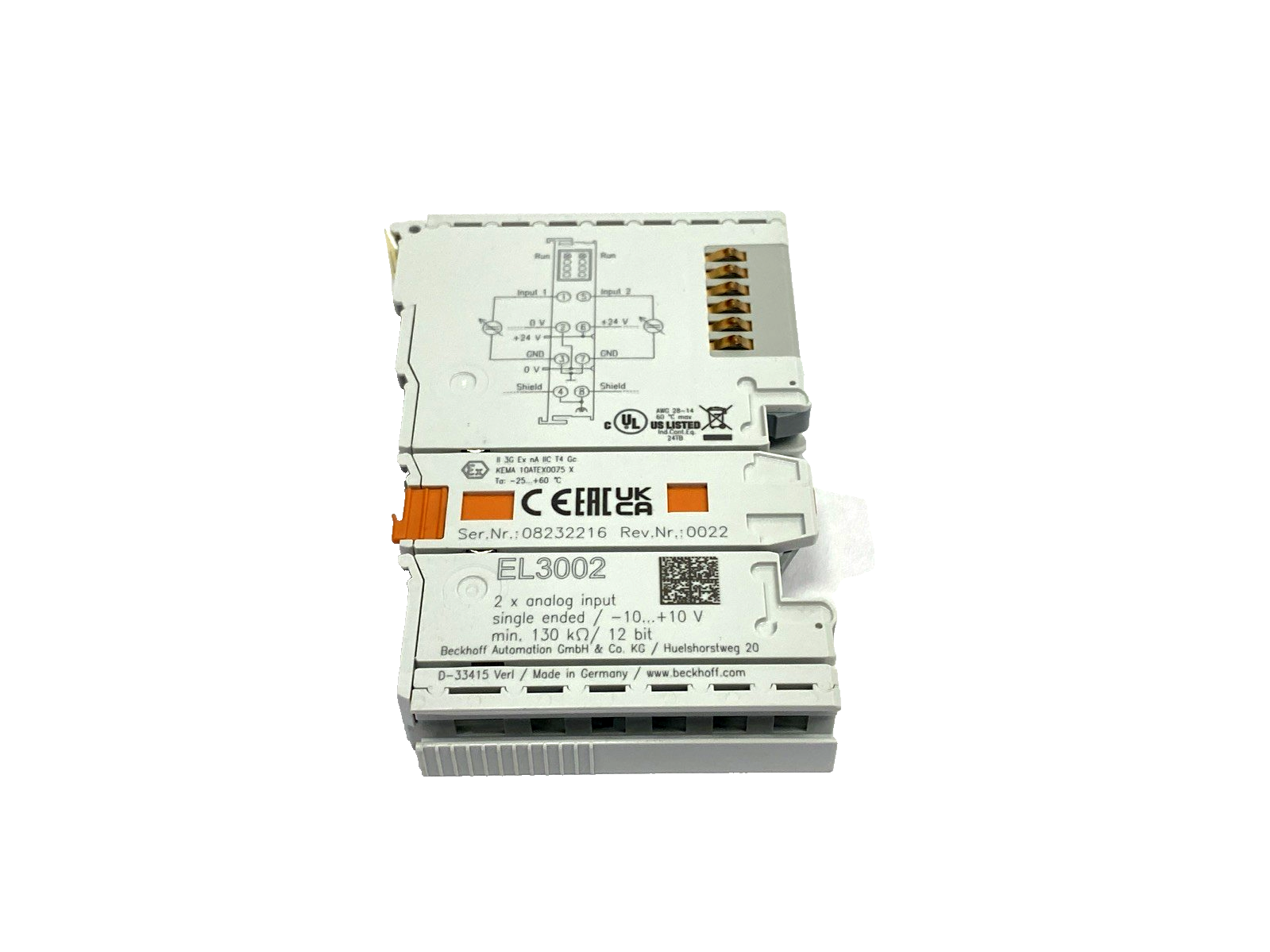 Beckhoff EL3002 EtherCAT Terminal, 2-Channel Analog Input, 12 Bit, Single-Ended - Maverick Industrial Sales