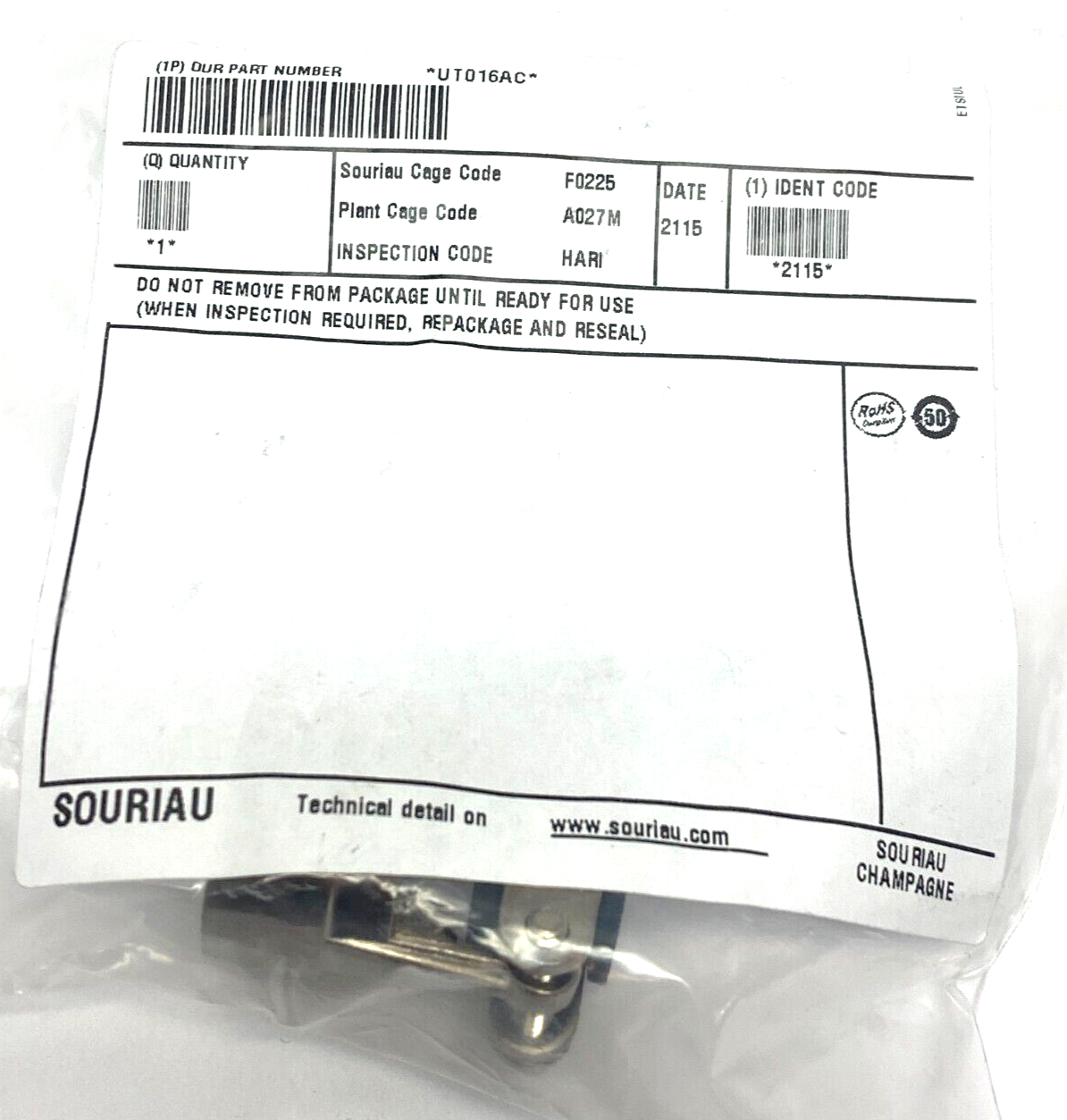 Eaton Souriau-Sunbank UT016AC Cable Connector Backshell w/ Clamp SILVER - Maverick Industrial Sales