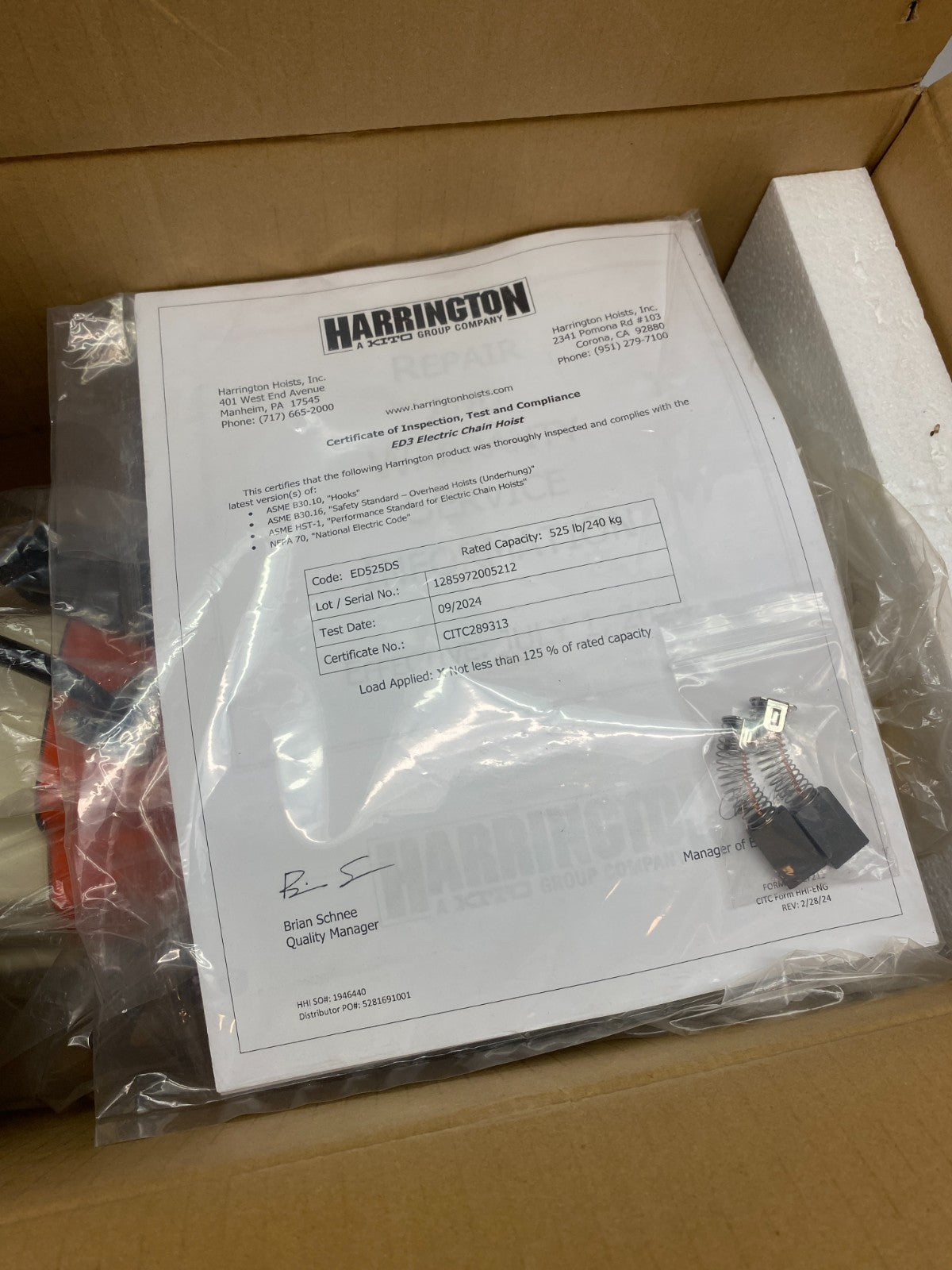KITO Harrington ED525DS-10 ED3 Electric Chain Hoist 525lbs. 10ft 120V - Maverick Industrial Sales