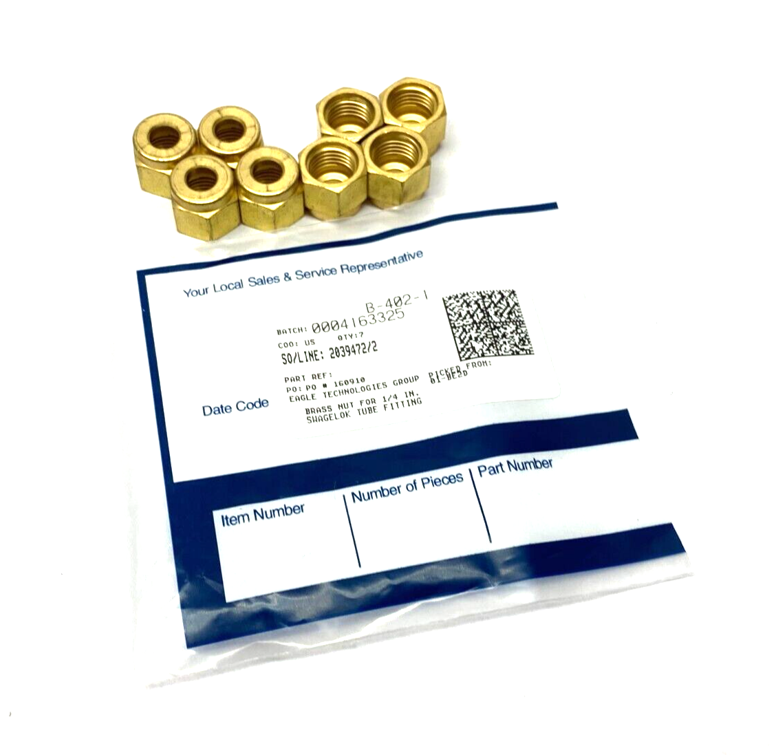 Swagelok B-402-1 Brass Nut for 1/4" Tube Fitting PKG OF 8 - Maverick Industrial Sales