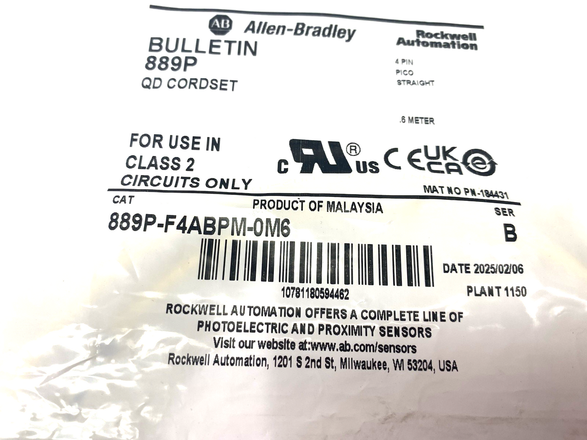 889P-F4ABPM-0M6 | Allen Bradley Ser. B Pico Connection Cable M8 4-Pin Straight - New - Maverick Industrial Sales
