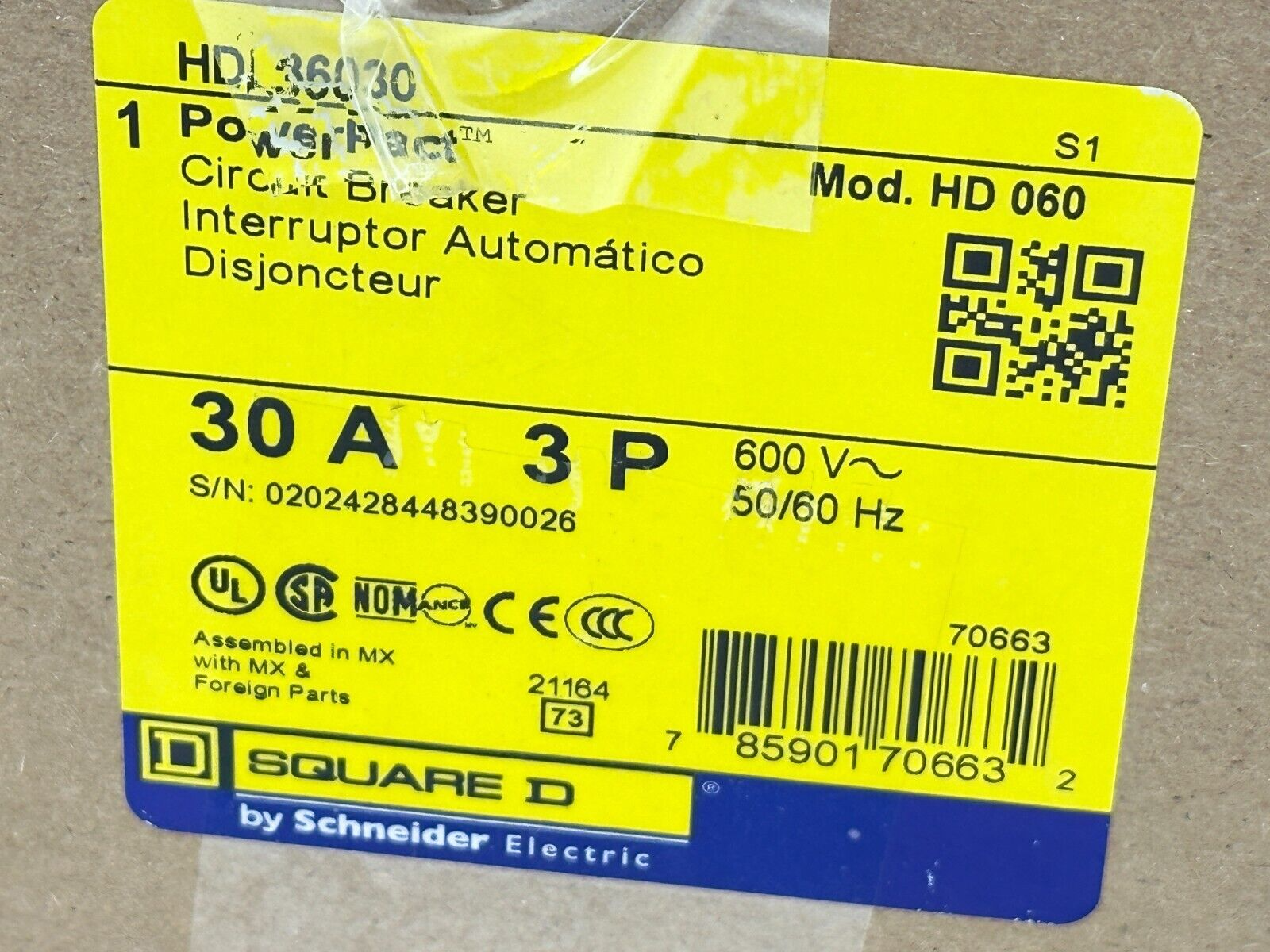 HDL36030 | Square D PowerPact Circuit Breaker 30A 600V 3P - New – Open Box - Maverick Industrial Sales