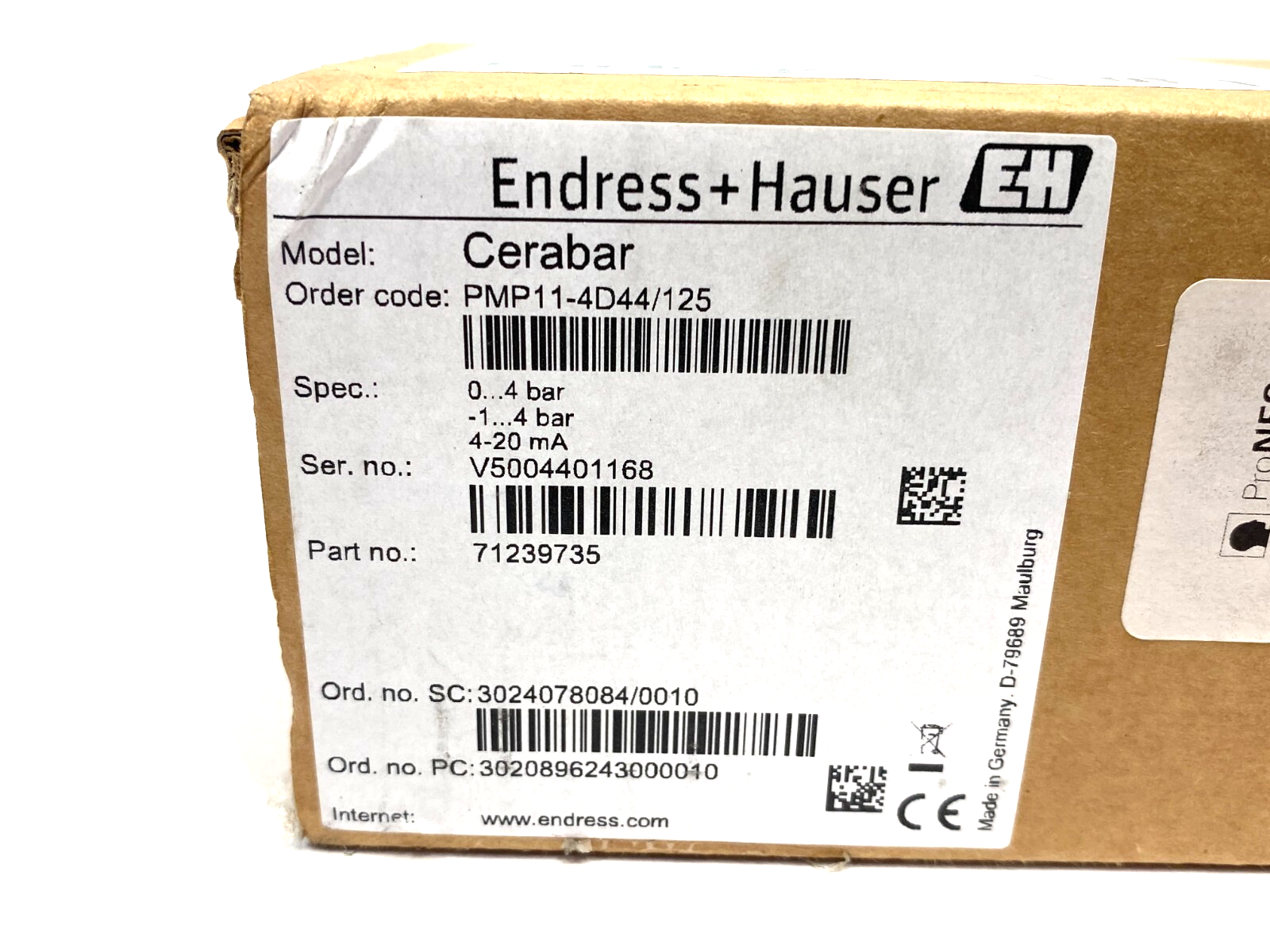 Endress+Hauser PMP11-4D44/125 Cerabar Gauge Pressure 0...4 bar - Maverick Industrial Sales