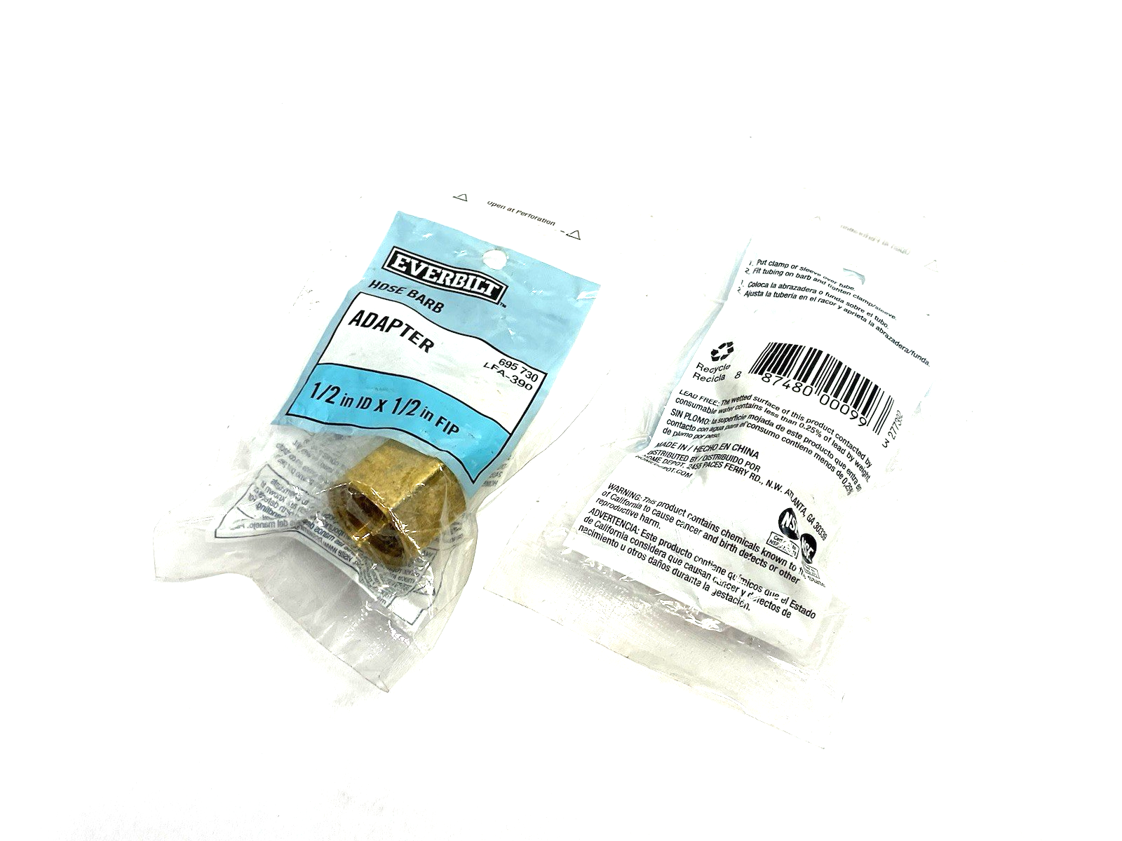LFA-390 | Everbilt Brass Hose Barb Fitting 1/2" ID x 1/2" FIP 695 730 LOT OF 2 - New - Maverick Industrial Sales