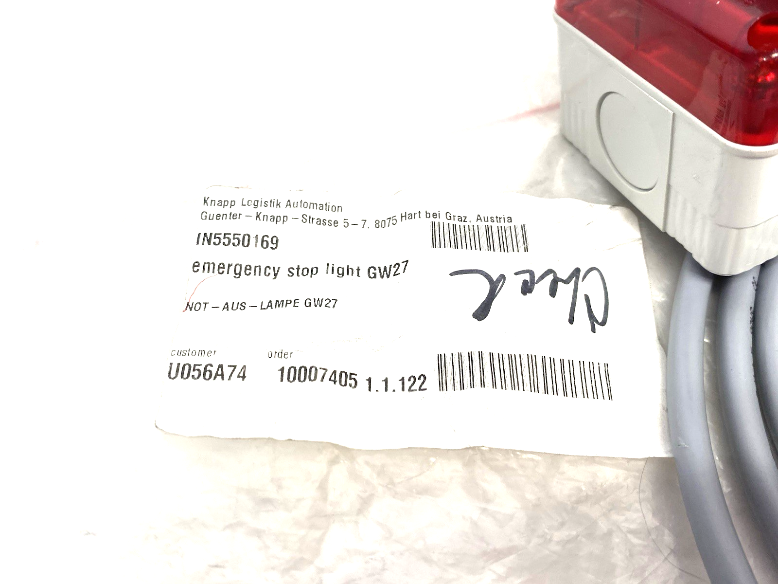 Knapp IN5550169 Emergency Stop Signal Light Assembly, Red GW27 w/ Lead Cable - Maverick Industrial Sales