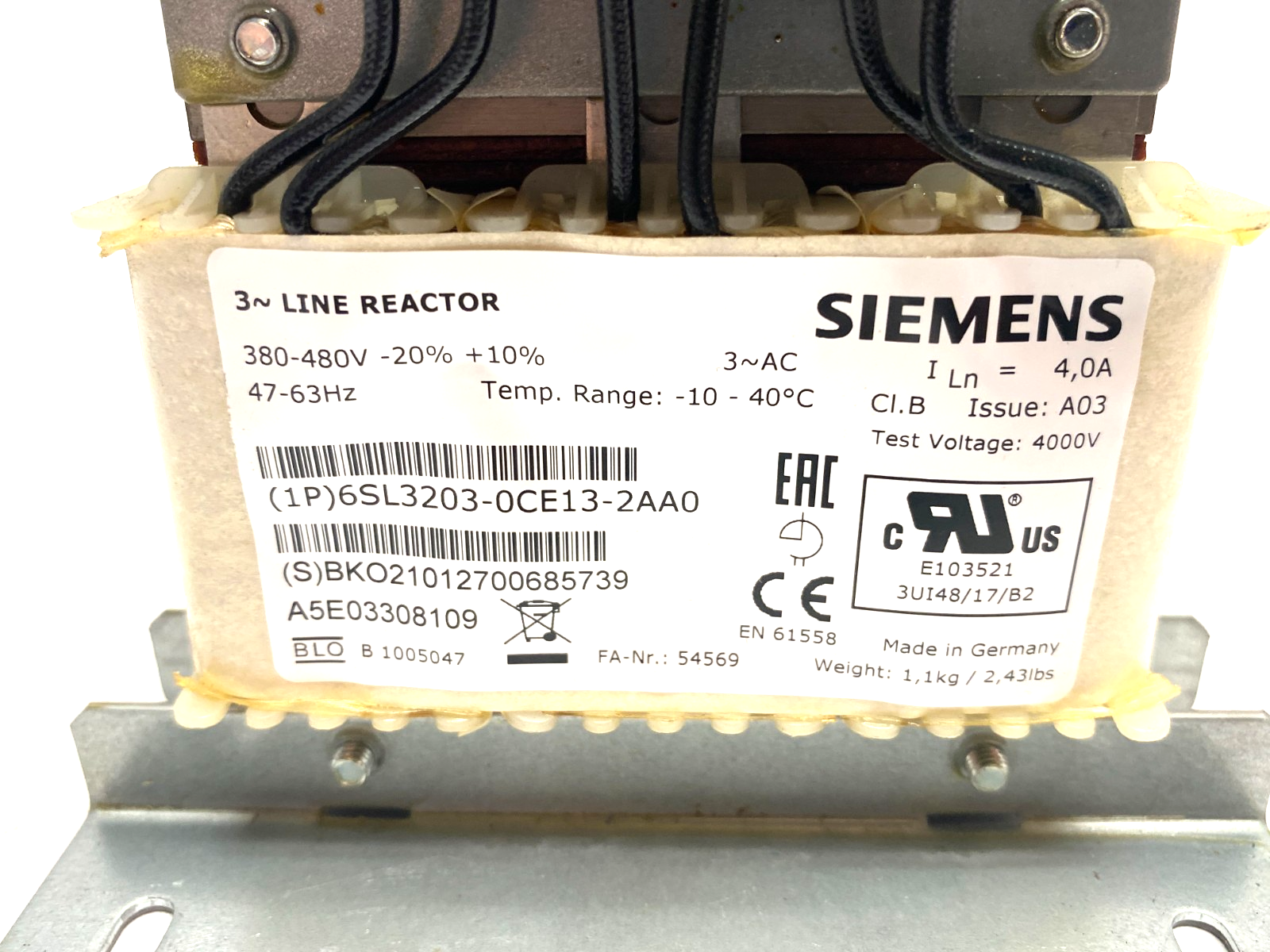 Siemens 6SL3203-0CE13-2AA0 SINAMICS Line Reactor 3~ 380-480V - Maverick Industrial Sales