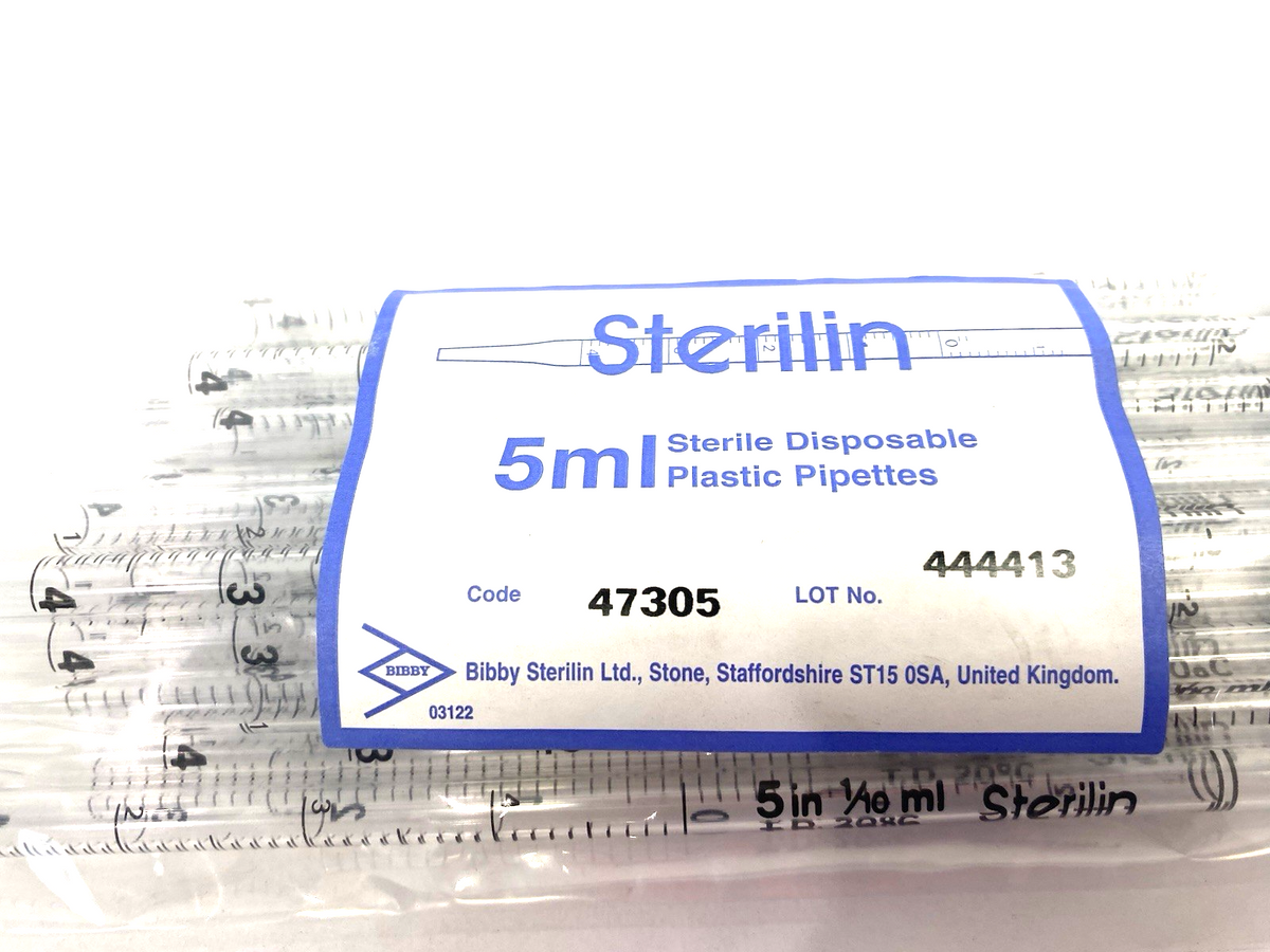 Bibby Sterilin 47305 5mL Sterile Disposable Plastic Pipettes, Clear, 25-PACK - Maverick Industrial Sales