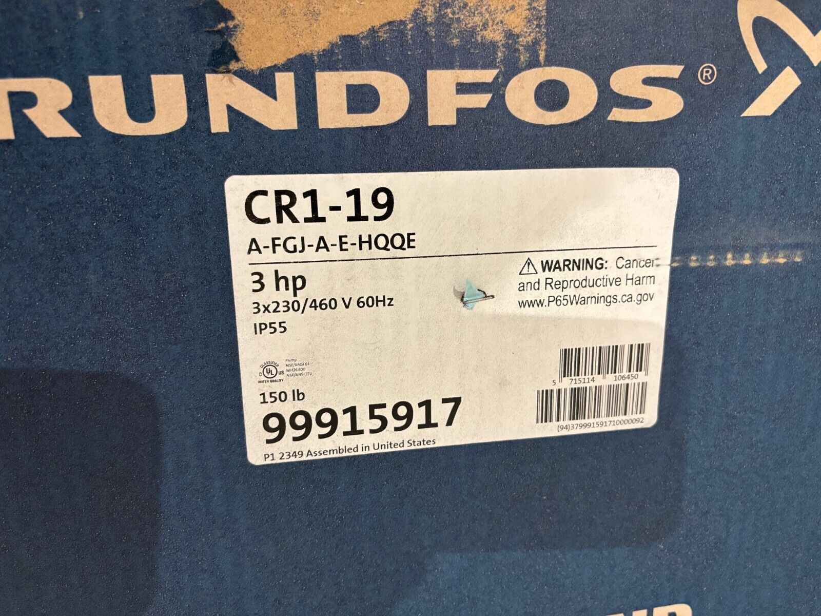 Grundfos CR1-19 A-FGJ-A-E-HQQE Verticle Centrifugle Pump, 3HP 230/460V, 99915917 - Maverick Industrial Sales