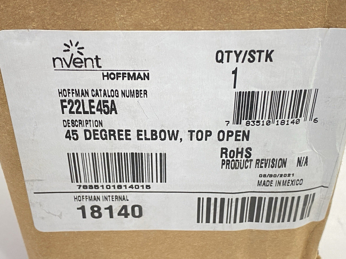 F22LE45A | Hoffman 45 Degree Lay-In Wireway Elbow 2.5" x 2.5" Gray Steel Type 12 - New – Open box - Maverick Industrial Sales