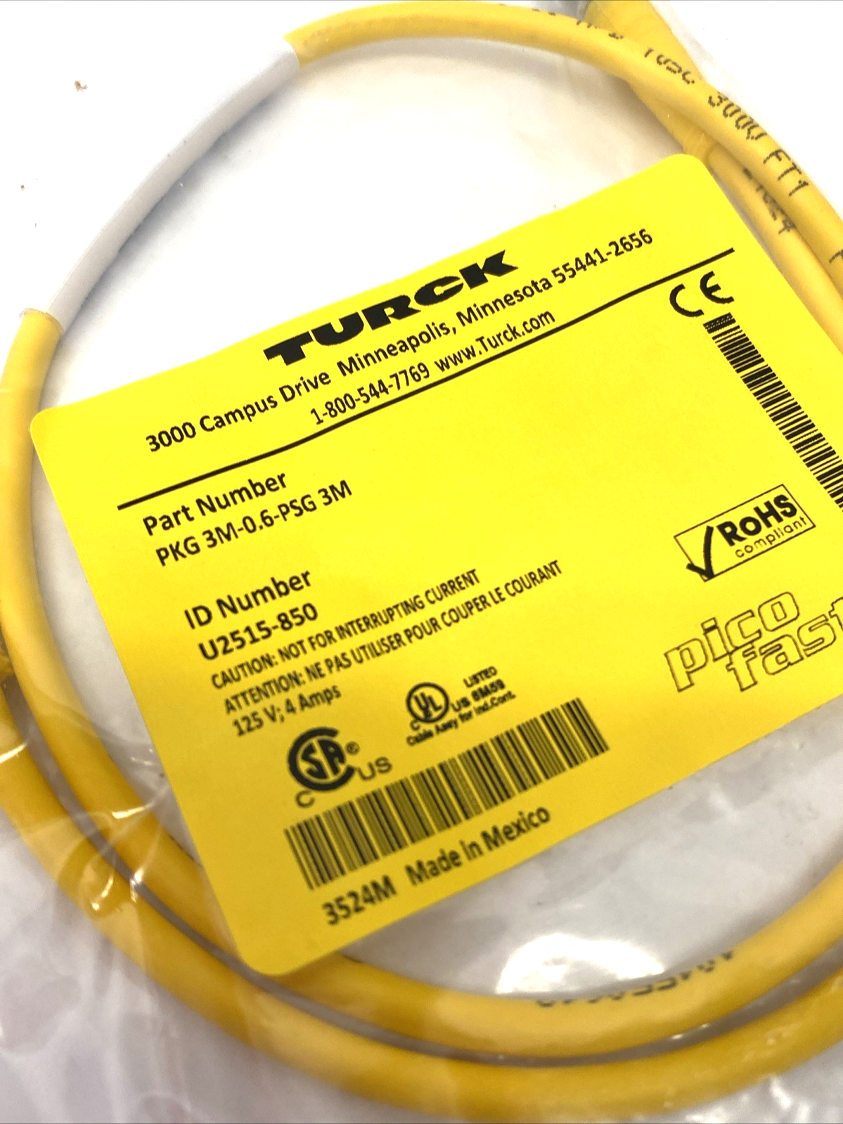 PKG 3M-0.6-PSG 3M | Turck Picofast Actuator/Sensor Extension Cable U2515-850 - New - Maverick Industrial Sales